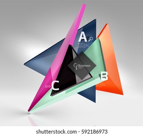 Triángulos traslúcidos de vidrio brillante en espacio vacío 3d. Fondo de plantilla de vector para diseño de flujo de trabajo, diagrama, opciones de número o diseño web