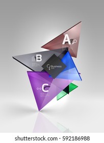 Triángulos traslúcidos de vidrio brillante en espacio vacío 3d. Fondo de plantilla de vector para diseño de flujo de trabajo, diagrama, opciones de número o diseño web