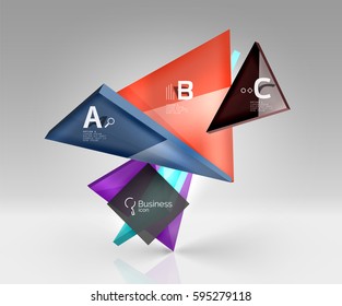 Glossy glass translucent triangles on 3d empty space. Vector template background for workflow layout, diagram, number options or web design