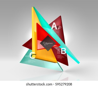 Glossy glass translucent triangles on 3d empty space. Vector template background for workflow layout, diagram, number options or web design