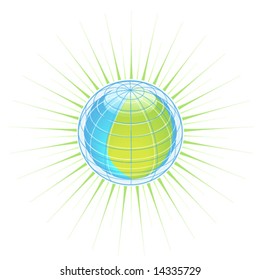 Glossy globe representation with a blue leaf wrapping around a crystal blue sphere.  Ecology company logo or design element. Vector illustration