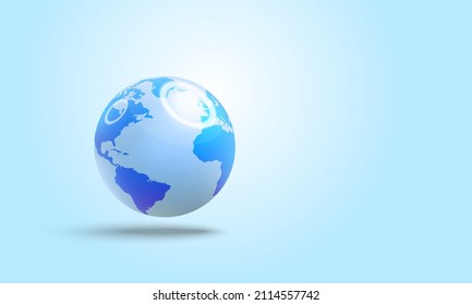 Globe brillante o mapa del mundo sobre fondo azul. Brillante globo con reflecciones de luz. Ilustración vectorial.