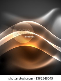 Glossy glowing neon light wave background, vector futuristic techno design