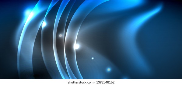 Glossy glowing neon light wave background, vector futuristic techno design