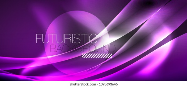 Glossy glowing neon light wave background, vector futuristic techno design
