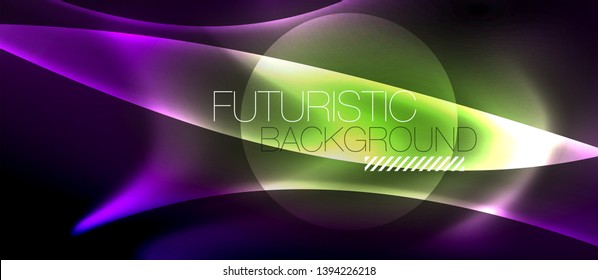 Glossy glowing neon light wave background, vector futuristic techno design