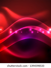 Glossy glowing neon light wave background, vector futuristic techno design