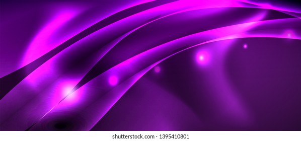 Glossy glowing neon light wave background, vector futuristic techno design