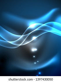 Glossy glowing neon light wave background, vector futuristic techno design
