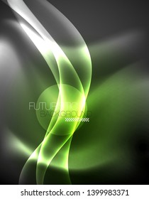 Glossy glowing neon light wave background, vector futuristic techno design