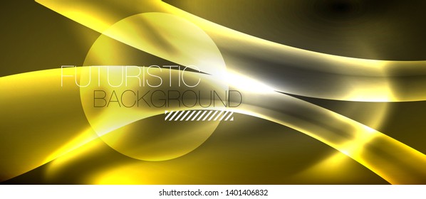 Glossy glowing neon light wave background, vector futuristic techno design
