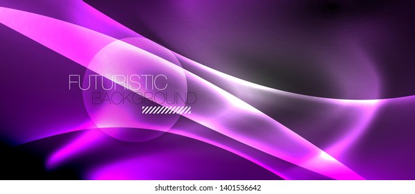 Glossy glowing neon light wave background, vector futuristic techno design
