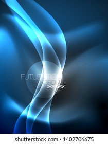 Glossy glowing neon light wave background, vector futuristic techno design