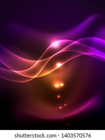 Glossy glowing neon light wave background, vector futuristic techno design