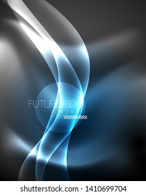 Glossy glowing neon light wave background, vector futuristic techno design