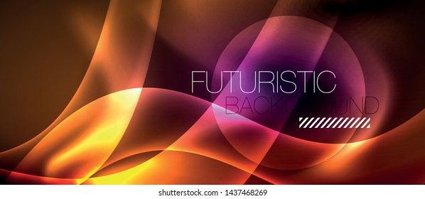 Glossy glowing neon light wave background, vector futuristic techno design