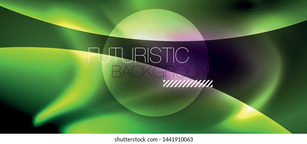 Glossy glowing neon light wave background, vector futuristic techno design