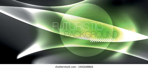 Glossy glowing neon light wave background, vector futuristic techno design