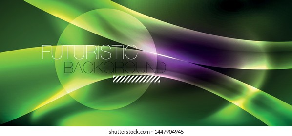 Glossy glowing neon light wave background, vector futuristic techno design