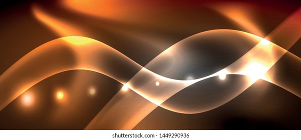 Glossy glowing neon light wave background, vector futuristic techno design