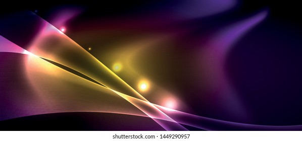 Glossy glowing neon light wave background, vector futuristic techno design