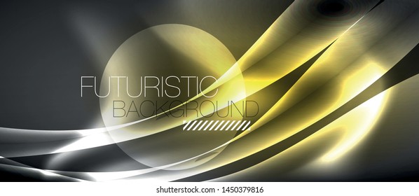 Glossy glowing neon light wave background, vector futuristic techno design