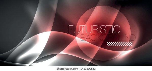 Glossy glowing neon light wave background, vector futuristic techno design