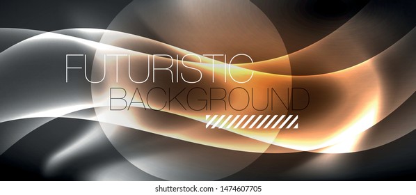 Glossy glowing neon light wave background, vector futuristic techno design