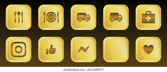 Glossy Gold 3D Icon Pack – Gradient UI Icons Featuring Cutlery, Dining Plate, Delivery Truck, Medical Kit, Social Media, Like, Chart, and Heart Symbols for Modern Interface Designs