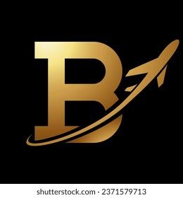 Glossy Gold Antique Letter B Icon with an Airplane on a Black Background