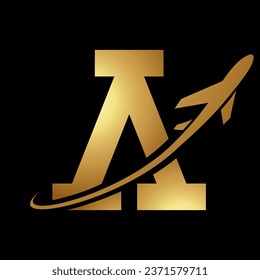 Glossy Gold Antique Letter A Icon with an Airplane on a Black Background