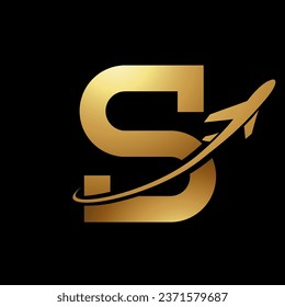 Glossy Gold Antique Letter S Icon with an Airplane on a Black Background