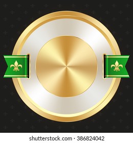 Glossy gold badge with green ribbon on black background