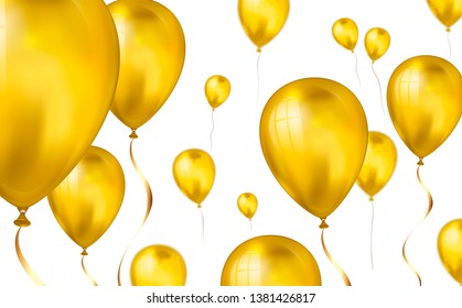 Glossy gold Flying helium Balloons backdrop with blur effect. Wedding, Birthday and Anniversary Background. Vector illustration for invitation card, party brochure, banner.