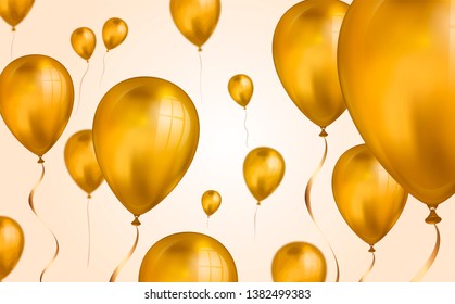 Glossy gold Flying helium Balloons backdrop with blur effect. Wedding, Birthday and Anniversary Background. Vector illustration for invitation card, party brochure, banner.