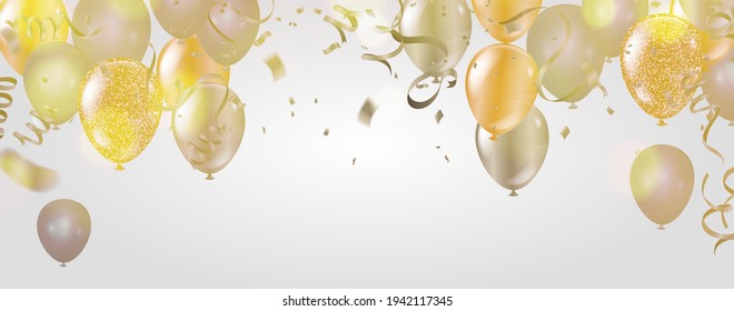 Glossy gold Flying helium Balloons backdrop with effect. Wedding, Birthday and Anniversary