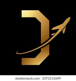 Glossy Gold Futuristic Letter D Icon with an Airplane on a Black Background