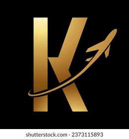 Glossy Gold Futuristic Letter K Icon with an Airplane on a Black Background