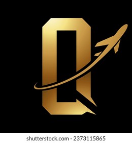 Glossy Gold Futuristic Letter Q Icon with an Airplane on a Black Background