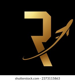 Glossy Gold Futuristic Letter R Icon with an Airplane on a Black Background