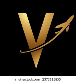 Glossy Gold Futuristic Letter V Icon with an Airplane on a Black Background