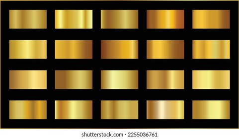 Glossy gold gradient collection with metallic finish on black background. Perfect for branding, web design, packaging, and premium print.