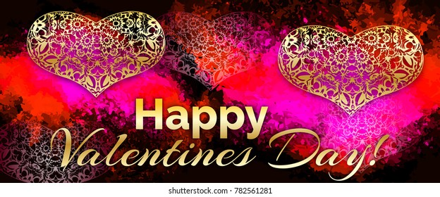 Glossy gold hearts. Valentine's Day. Festive Greeting Card. Decorated with a mandala pattern.