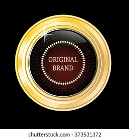 Glossy and gold label. Red stone in gold. Stone with different shades. Vector label with original brand text on dark green background