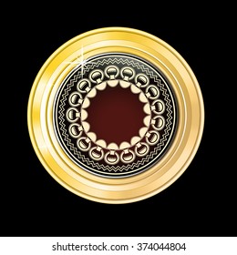 Glossy and gold label. Red stone in gold. Stone with different shades. Vector label with Vip text on dark green background