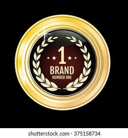 Glossy and gold label. Red stone in gold. Stone with different shades. Vector label with brand number one text on dark green background