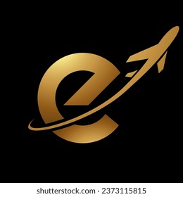 Glossy Gold Lowercase Letter E Icon with an Airplane on a Black Background