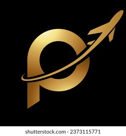 Glossy Gold Lowercase Letter P Icon with an Airplane on a Black Background