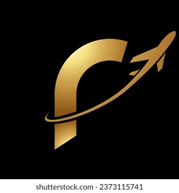 Glossy Gold Lowercase Letter R Icon with an Airplane on a Black Background