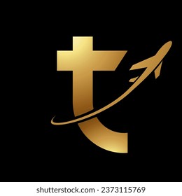 Glossy Gold Lowercase Letter T Icon with an Airplane on a Black Background